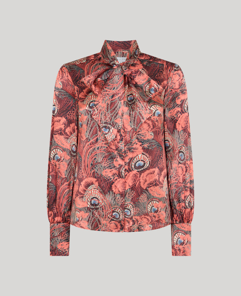 Peacock Silk Fixed Tie Neck Blouse