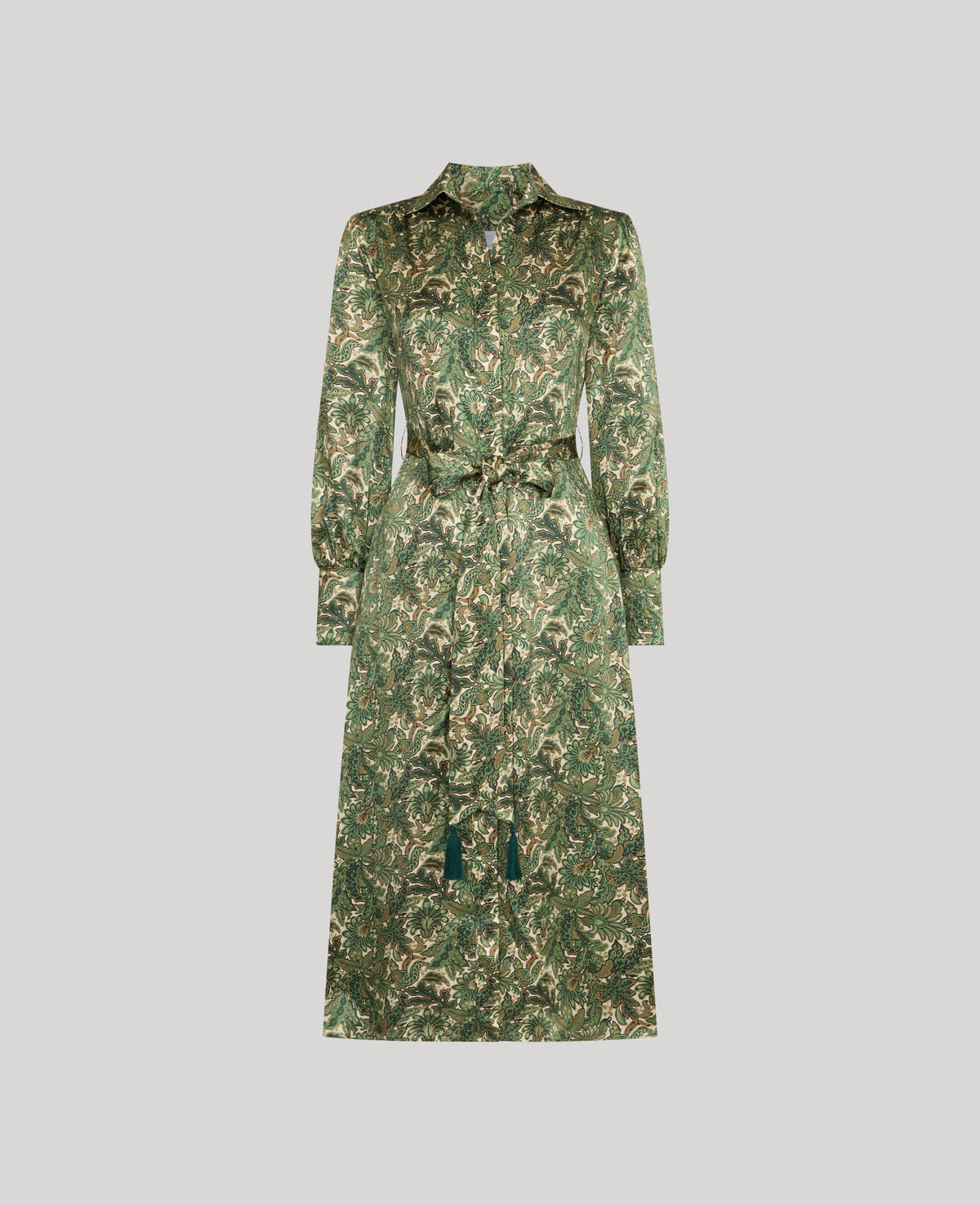 Oak Print Silk Shirt Dress Tassel