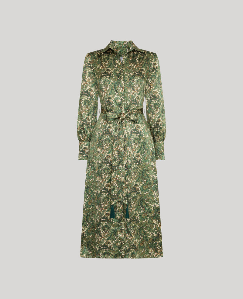 Oak Print Silk Shirt Dress With Tassel
