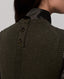 Close-up back view of a person wearing an olive green ribbed knit sweater vest over a black collared shirt, with three dark buttons at the back.