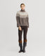 Model wearing Fairisle Roll Neck Sweater in Wildebeest Mocha Brown 