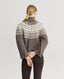 Model wearing Fairisle Roll Neck Sweater in Wildebeest Mocha Brown 