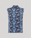 Blue butterfly patterned silk sleeveless tie neck blouse on a light grey background