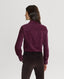 Back of model wearing Spencer-Stretch Corduroy Shirt in Oxblood Burgundy with brown trousers 