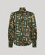 A long-sleeve button-up shirt in dark olive green with an all-over feather print in brown, beige, and rust tones, shown on a neutral gray background.