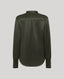 An olive green long-sleeve button-down shirt shown from the back, featuring a subtle sheen and button details on the cuffs, set against a solid light gray background.