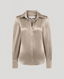 A long-sleeve satin button-up blouse in a champagne beige color, displayed on a neutral light gray background.