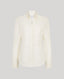 An off-white long-sleeve button-up shirt with a pointed collar, displayed on a neutral light gray background.