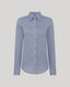 A light blue long-sleeve button-up shirt with a fine textured weave, shown on a neutral light gray background.