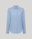 A light blue long-sleeve button-up shirt with a classic pointed collar, shown on a neutral light gray background.