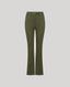 A pair of olive green cropped flare pants shown on a ghost mannequin against a solid light gray background.