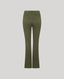 Olive green high-waisted flared trousers shown from the back, featuring a button closure and welt pockets, set against a solid light gray background.