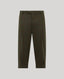 A pair of olive green plaid trousers with a subtle red windowpane pattern, shown flat against a light gray background.