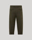 A pair of olive green tweed trousers with a subtle red windowpane check pattern, shown from the back against a solid light gray background.
