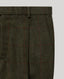 A pair of olive green tweed trousers with a subtle red windowpane check pattern, shown from the back against a solid light gray background.