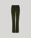 A pair of dark olive green cord flare trousers shown flat against a solid light gray background