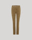 A pair of slim-fit trousers in a warm tan or camel corduroy fabric, shown flat against a solid light gray background.