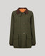 the Highlander Tweed Field coat in Moss Green and Orange check showing our Branded orange lining