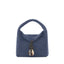 A blue woven leather shoulder bag with a textured geometric pattern, featuring a top handle and a decorative dark leather strap with a round shell clasp, shown on a plain white background.