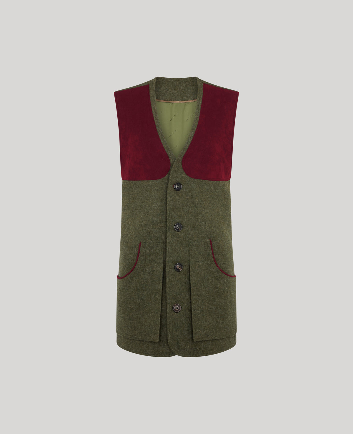 A sleeveless button-front vest in olive green wool with contrasting dark red velvet shoulder panels and matching red piping along the pocket edges, shown on a light gray background.