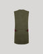 An olive green waistcoat vest shown from the back, featuring a buttoned waistband with red and black accents, set against a solid light gray background.