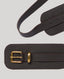 Close-up of Wide Leather Belt in Dark Chocolate Brown with Gold buckle showing belt holes