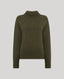 An olive green ribbed knit mock neck sweater displayed on a neutral light gray background.