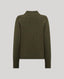 An olive green ribbed knit sweater with a mock neck, shown from the back on a light gray background.
