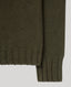Close-up of a ribbed knit sweater in an olive green color, showing the texture and cuff detail against a light gray background.