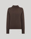 A dark brown ribbed knit mock neck sweater displayed on a neutral light gray background.