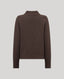 A dark brown ribbed knit sweater with a mock neck, shown from the back on a light gray background.