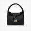 Black woven handbag with a silver clasp on a white background