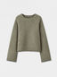 An olive green knit sweater with raglan sleeves and ribbed cuffs and hem, displayed flat against a light gray background.
